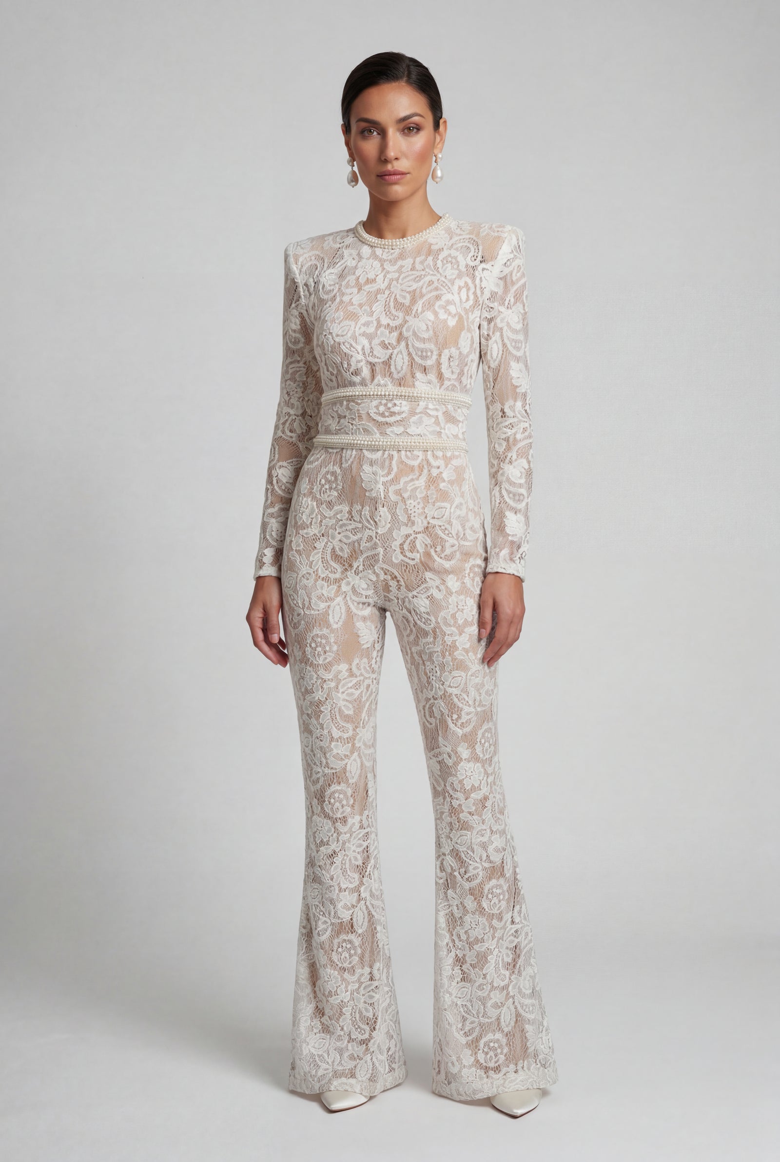White Sheer Lace Wide-leg Jumpsuit with Belted Waist - Wide leg jumpsuit - Photo 1