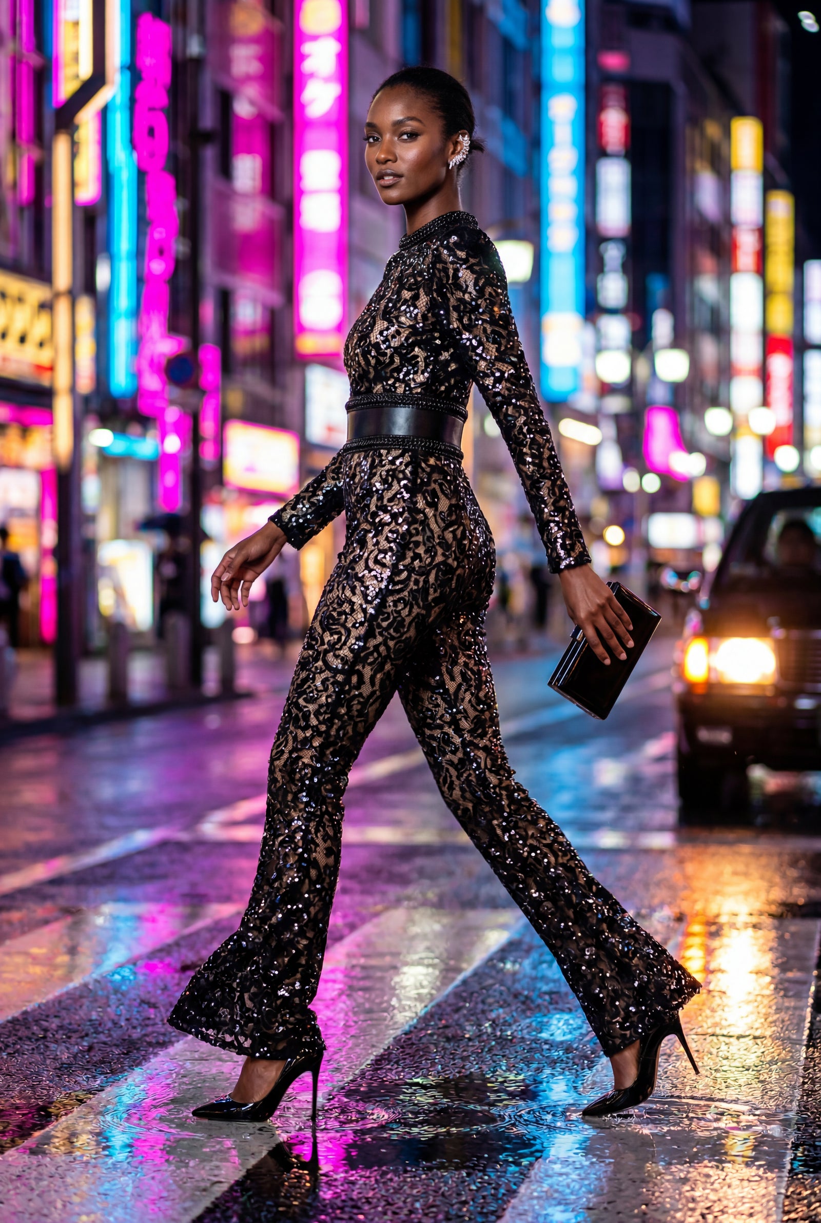 Black Sheer Lace Wide-leg Jumpsuit with Belted Waist - Wide leg jumpsuit - Photo 6