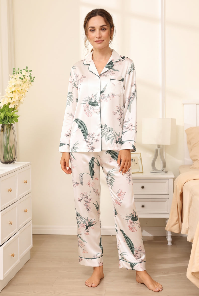 Silk Pajama Set with Notched Collar in White — studio front