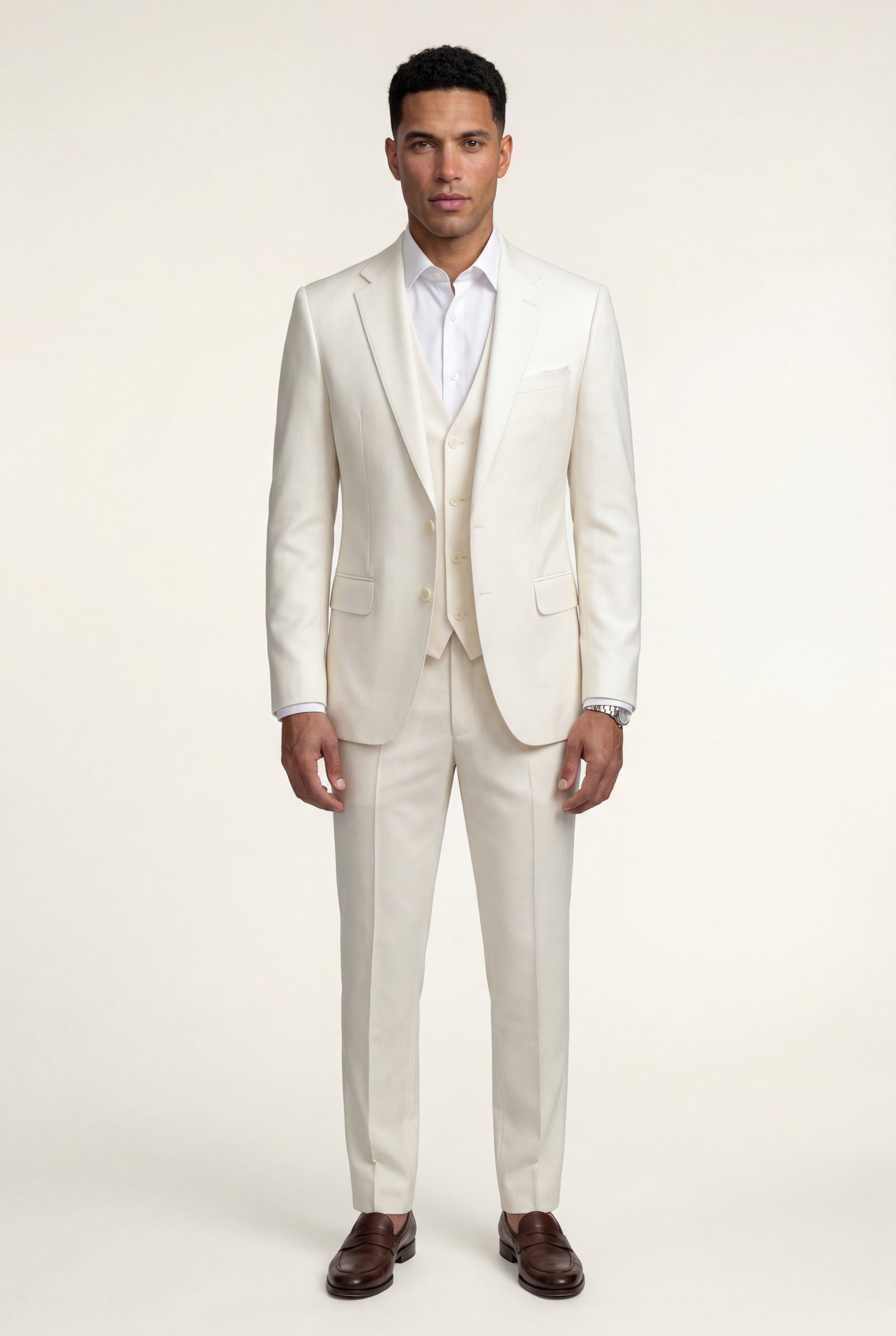 White Slim Fit Three-piece Suit with Notch Lapel Vest - Photo 3