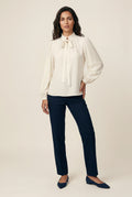 White Soft Ivory Ruffle Collar Tie-neck Long Sleeve Blouse - Blouses - Photo 1