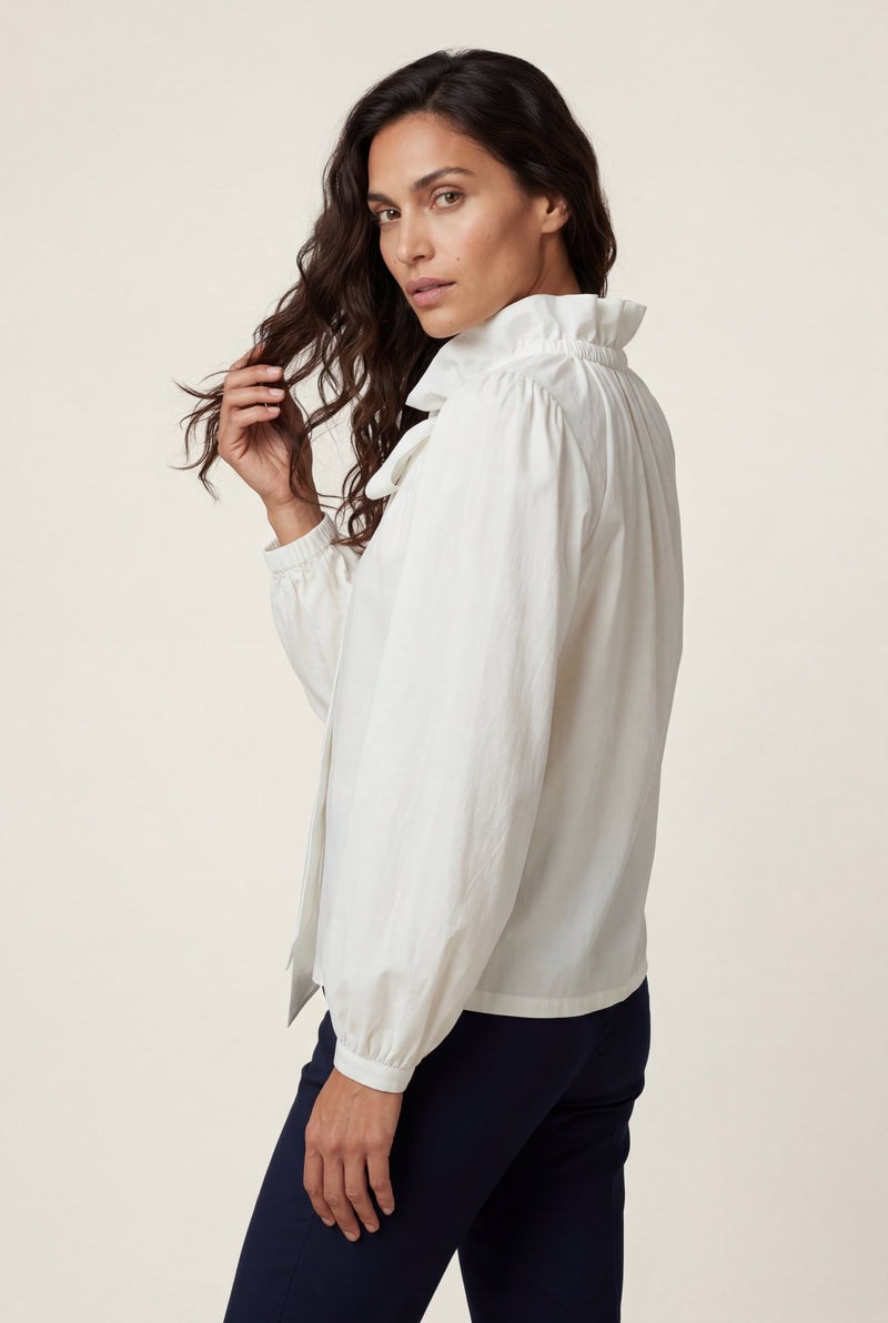 White Soft Ivory Ruffle Collar Tie-neck Long Sleeve Blouse - Blouses - Photo 2