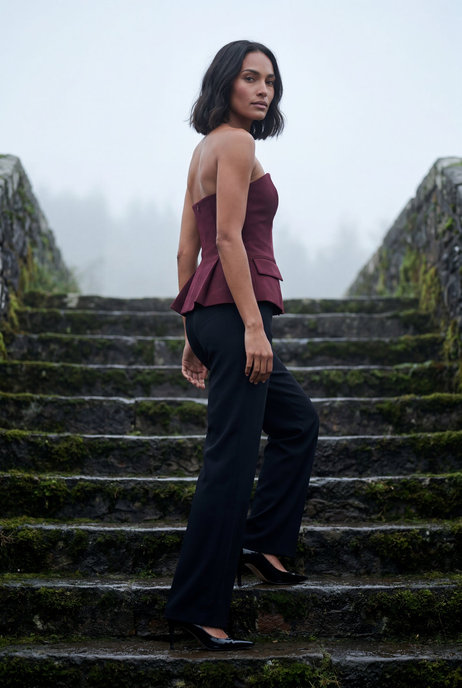 Burgundy Strapless Notched Peplum Architectural Top - Peplum top - Photo 7