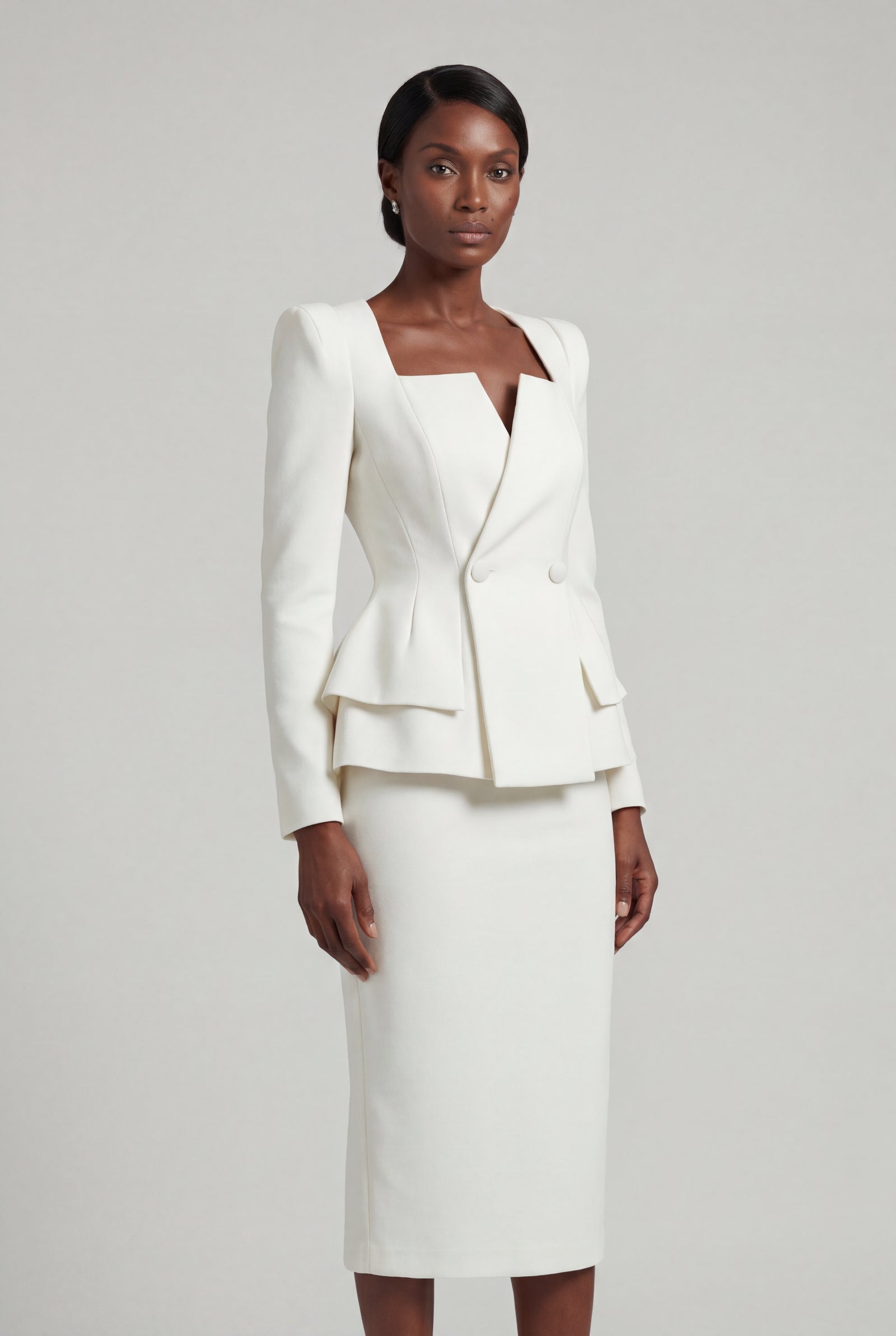 White Structured Peplum Skirt Suit with Square Neckline - Photo 1
