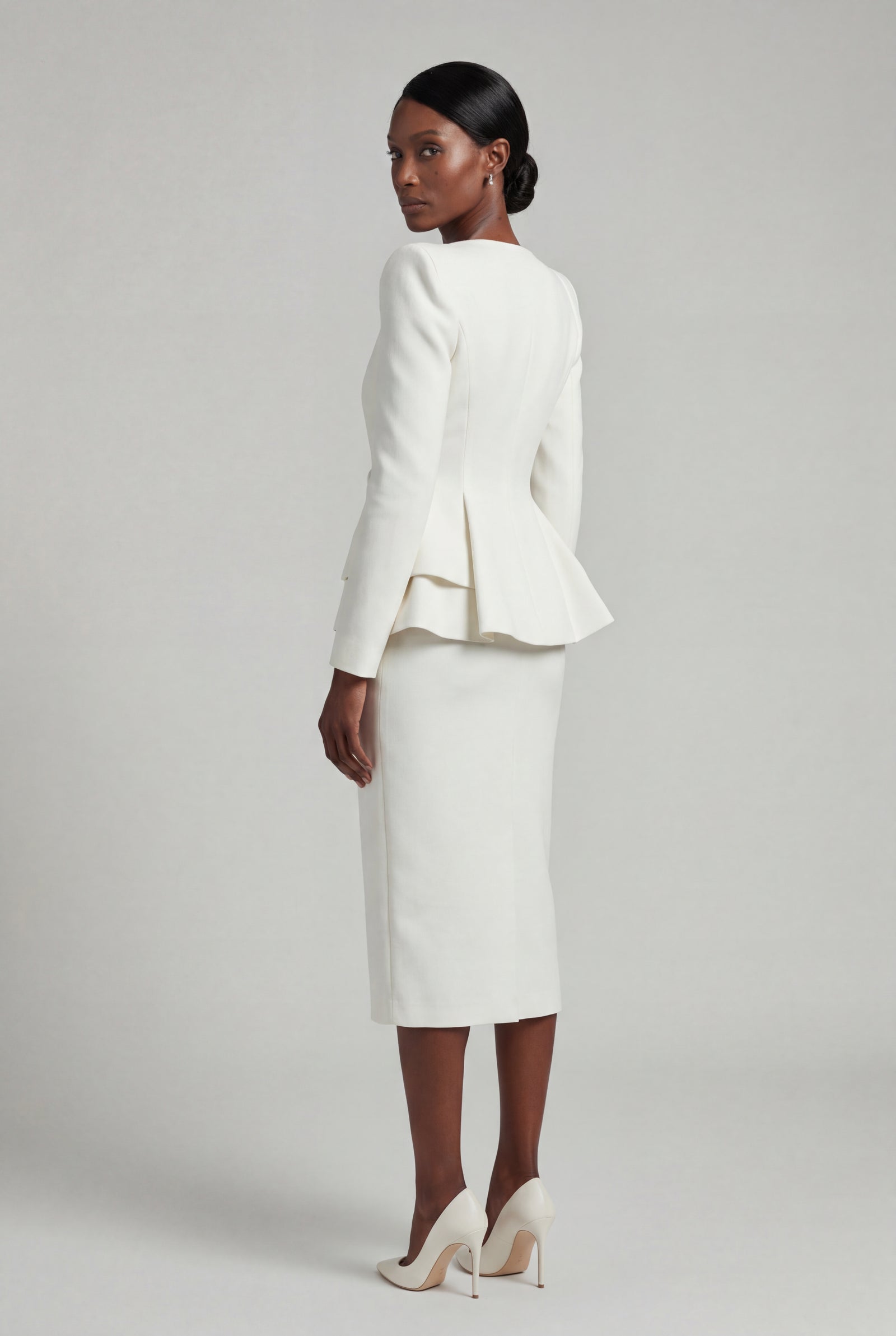 White Structured Peplum Skirt Suit with Square Neckline - Photo 2