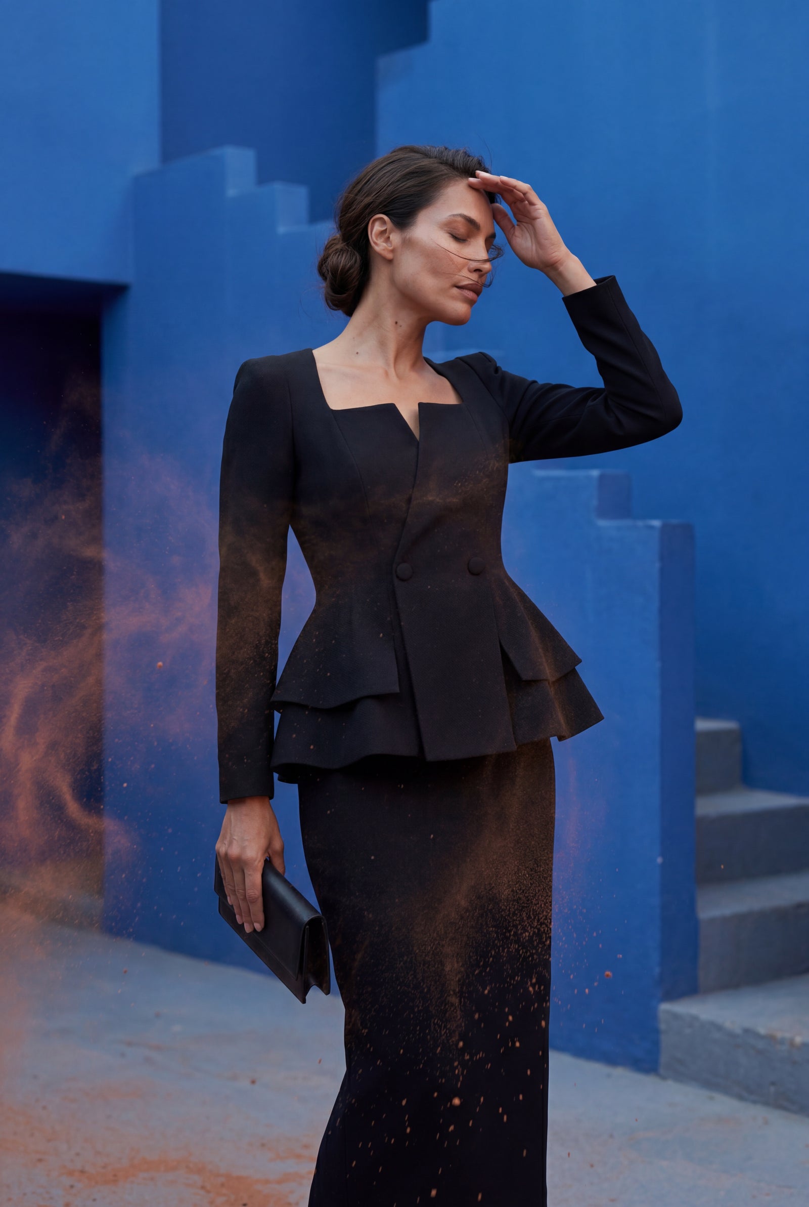 Black Structured Peplum Skirt Suit with Square Neckline - Photo 8