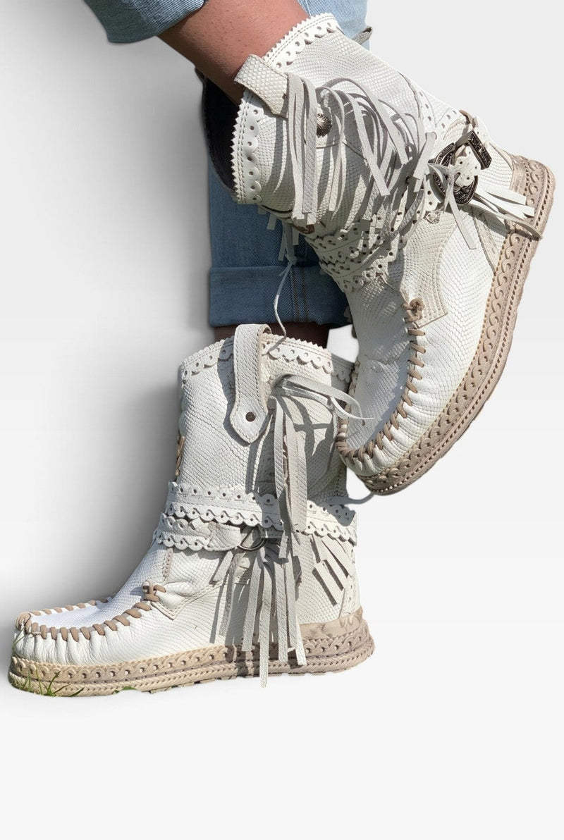 Suede Fringe Ankle Boots in White — side