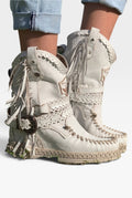Suede Fringe Ankle Boots in White — front view