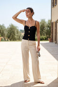 Black Sweetheart Neckline Ribbed Tank Top with Gold Button Detail - Tank tops - Photo 5
