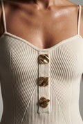 White Sweetheart Neckline Ribbed Tank Top with Gold Button Detail - Tank tops - Photo 6