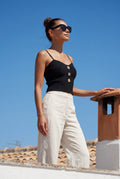 Black Sweetheart Neckline Ribbed Tank Top with Gold Button Detail - Tank tops - Photo 7