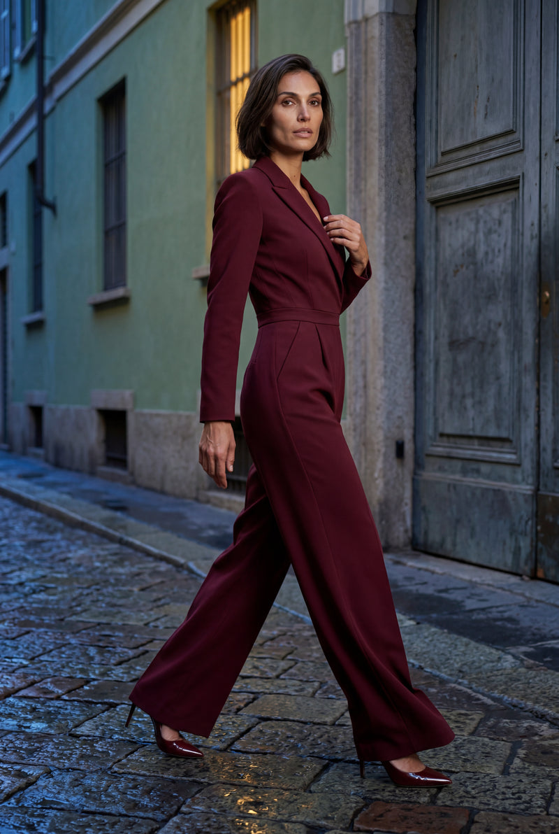 Red Tailored Wide-leg Blazer Jumpsuit with Lapel Neckline - Wide leg jumpsuit - Photo 2