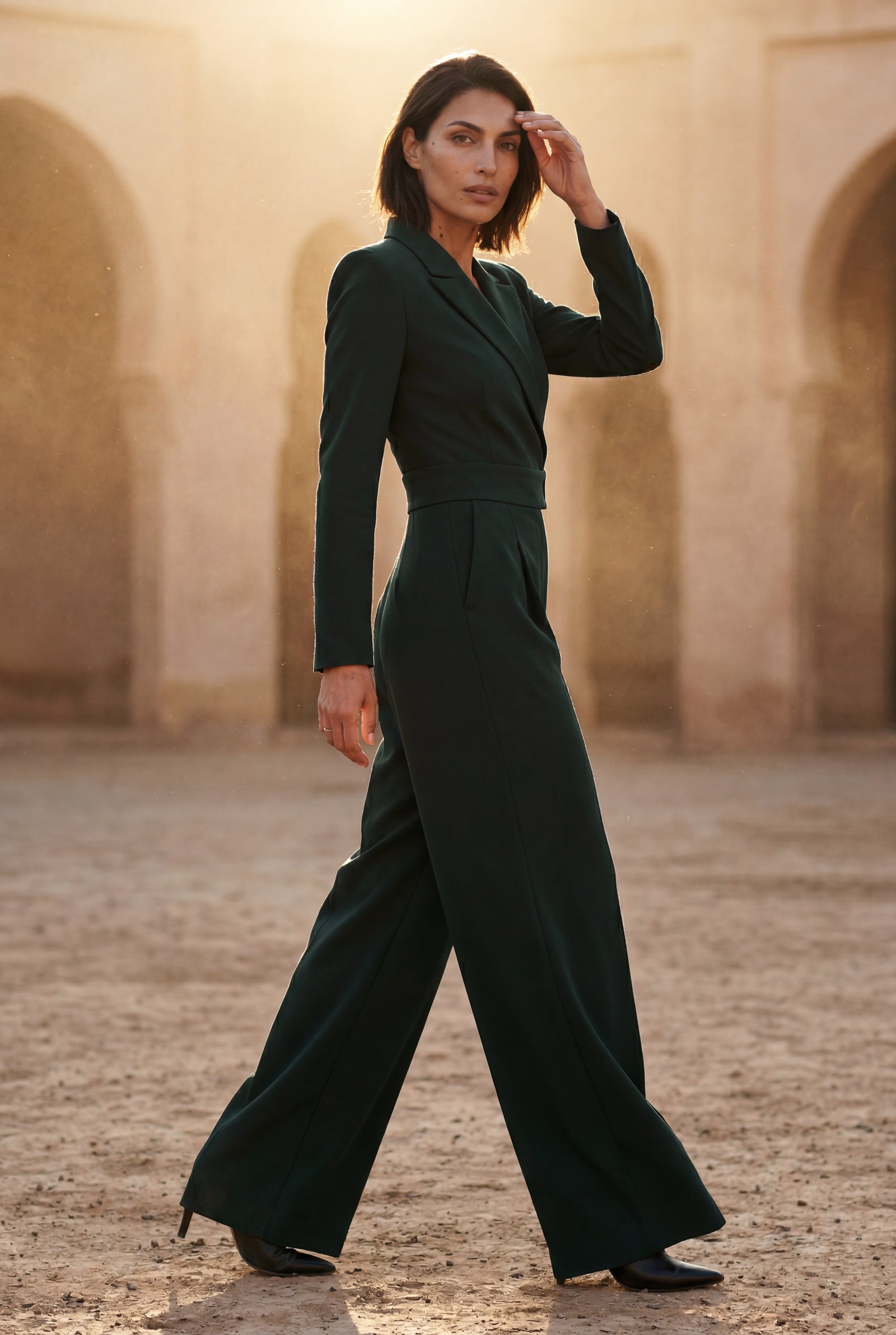 Green Tailored Wide-leg Blazer Jumpsuit with Lapel Neckline - Wide leg jumpsuit - Photo 7