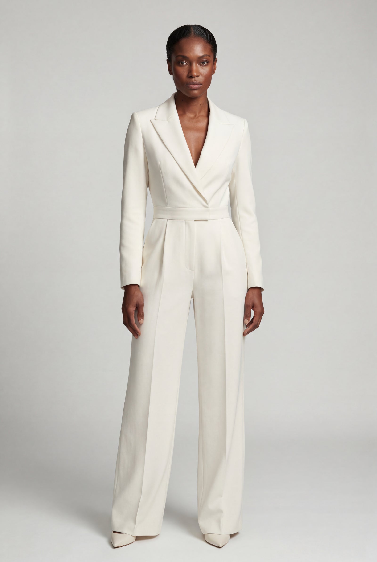 White Tailored Wide-leg Blazer Jumpsuit with Lapel Neckline - Wide leg jumpsuit - Photo 8