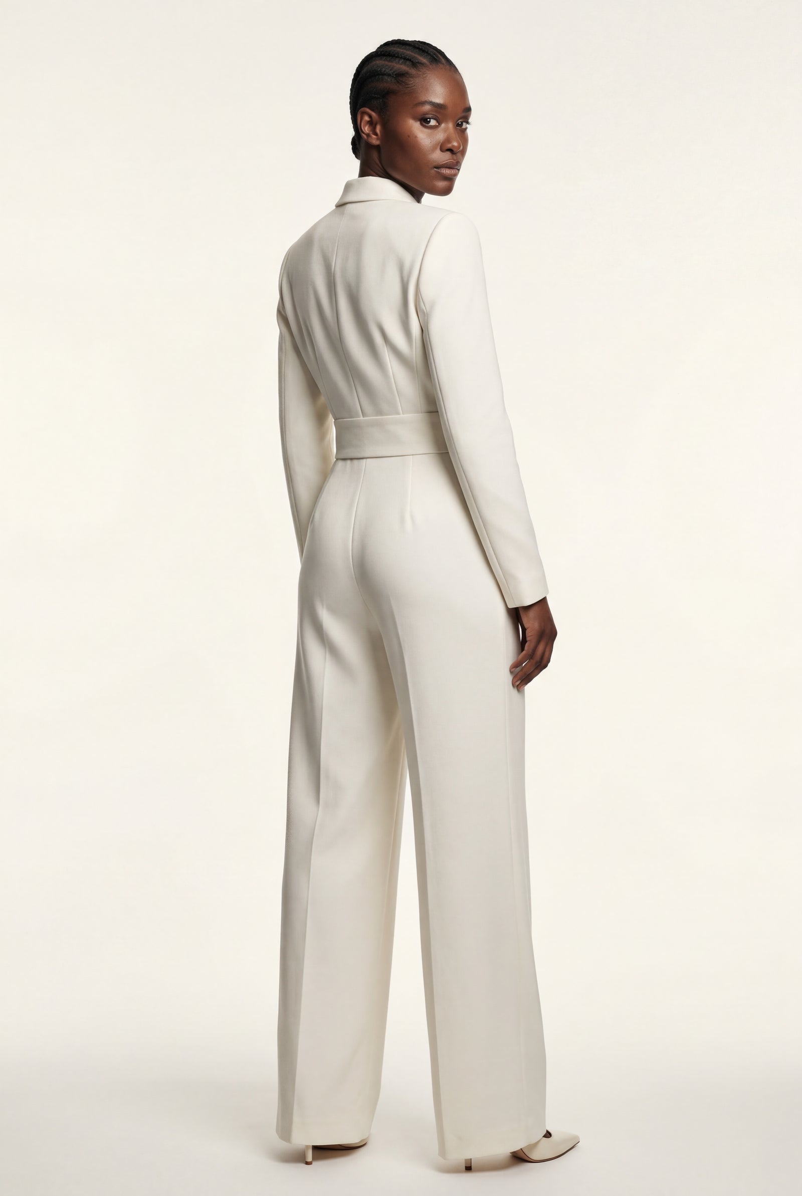 White Tailored Wide-leg Blazer Jumpsuit with Lapel Neckline - Wide leg jumpsuit - Photo 9