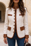 Tweed Jacket with Leather Trim in White — studio front