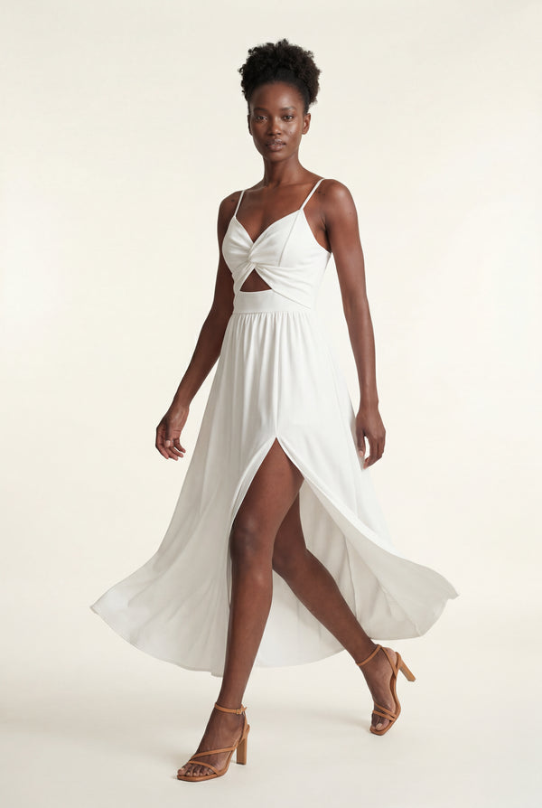 White Twist-front Cutout Midi Dress with Side Slit - Photo 1