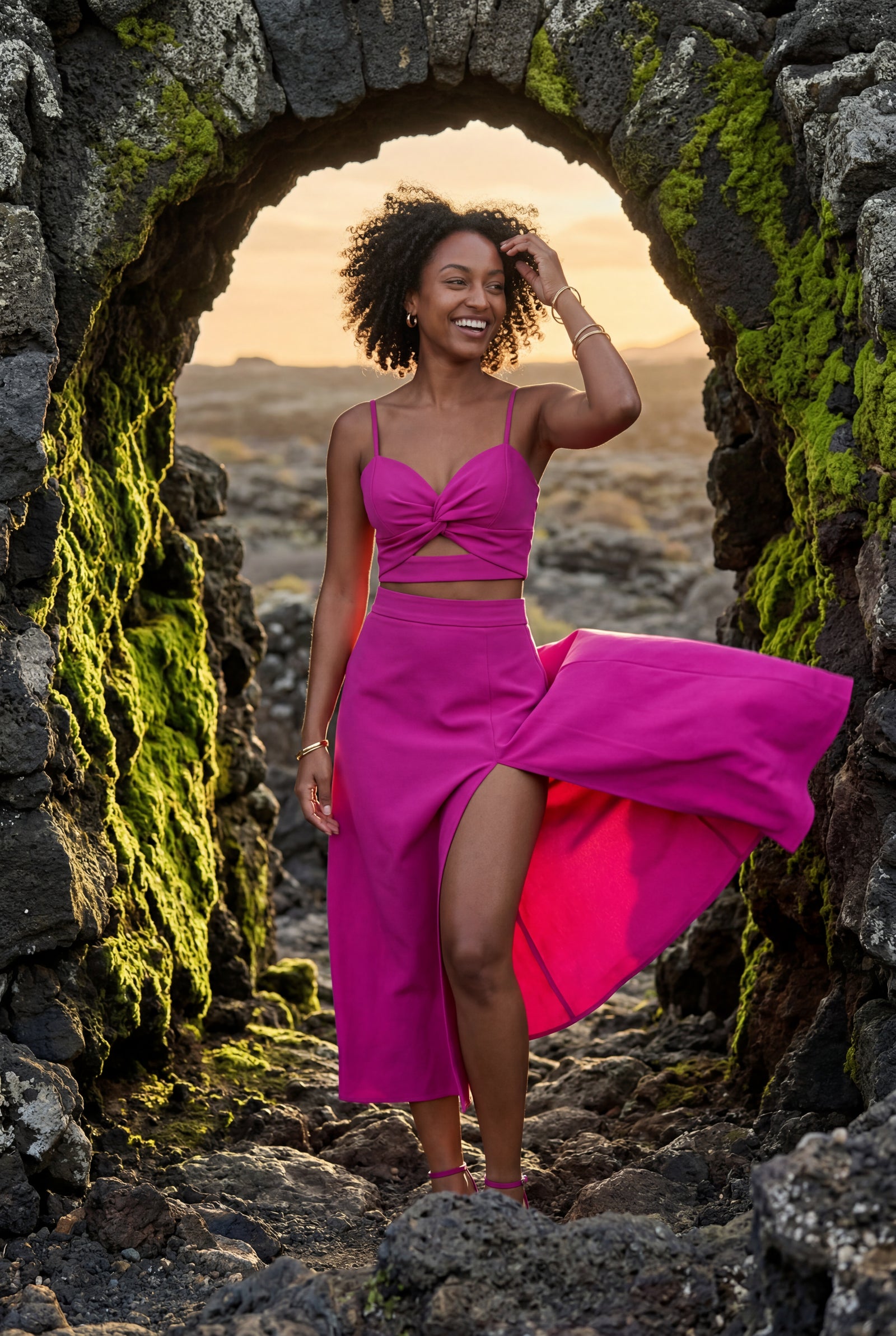 Dark Pink Twist-front Cutout Midi Dress with Side Slit - Photo 17