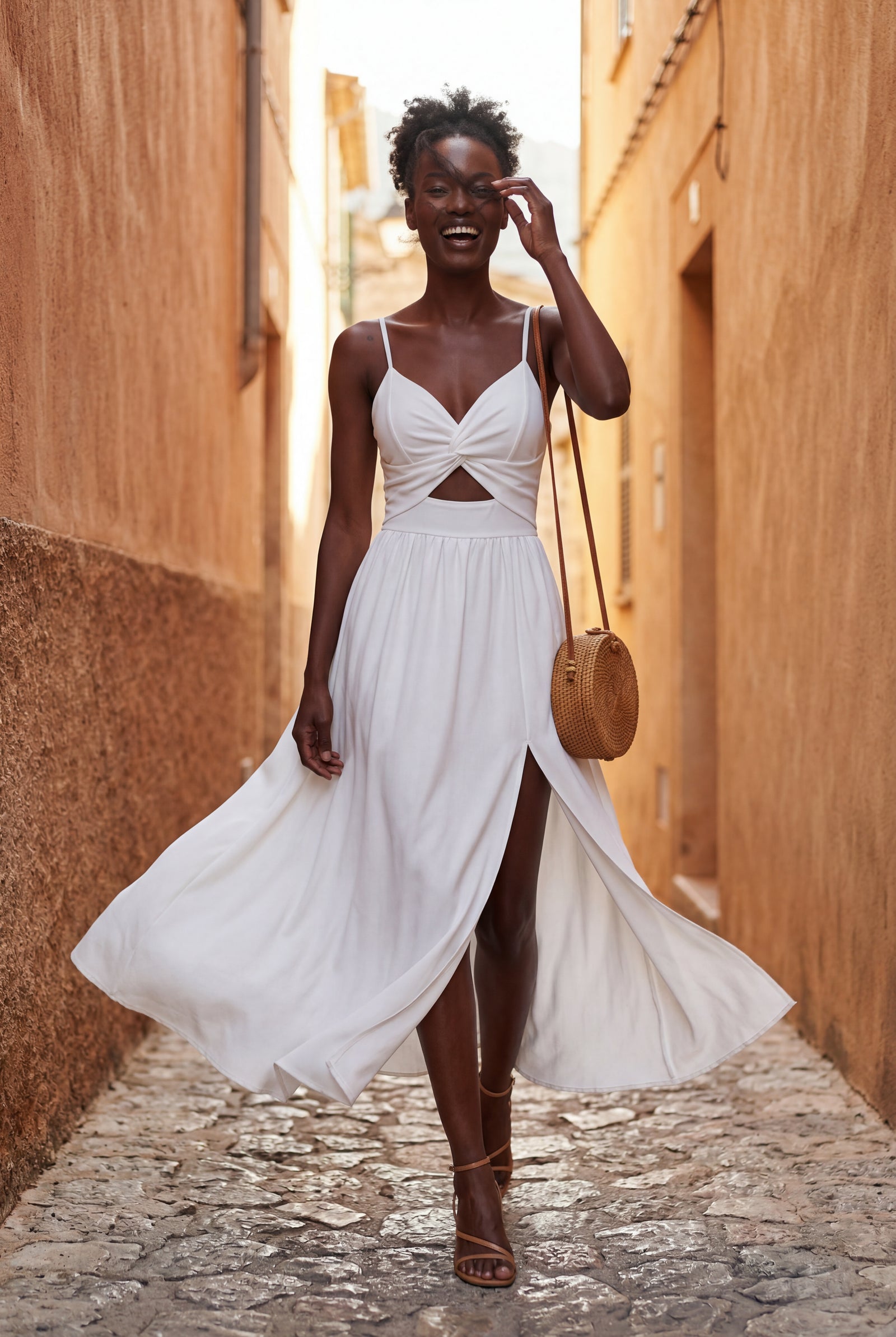 White Twist-front Cutout Midi Dress with Side Slit - Photo 7