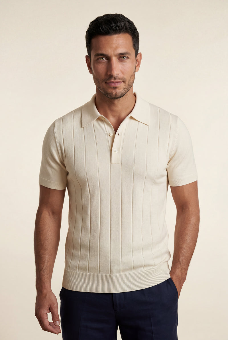 White Vertical Ribbed Tailored Short Sleeve Polo Shirt - Polo shirts - Photo 1