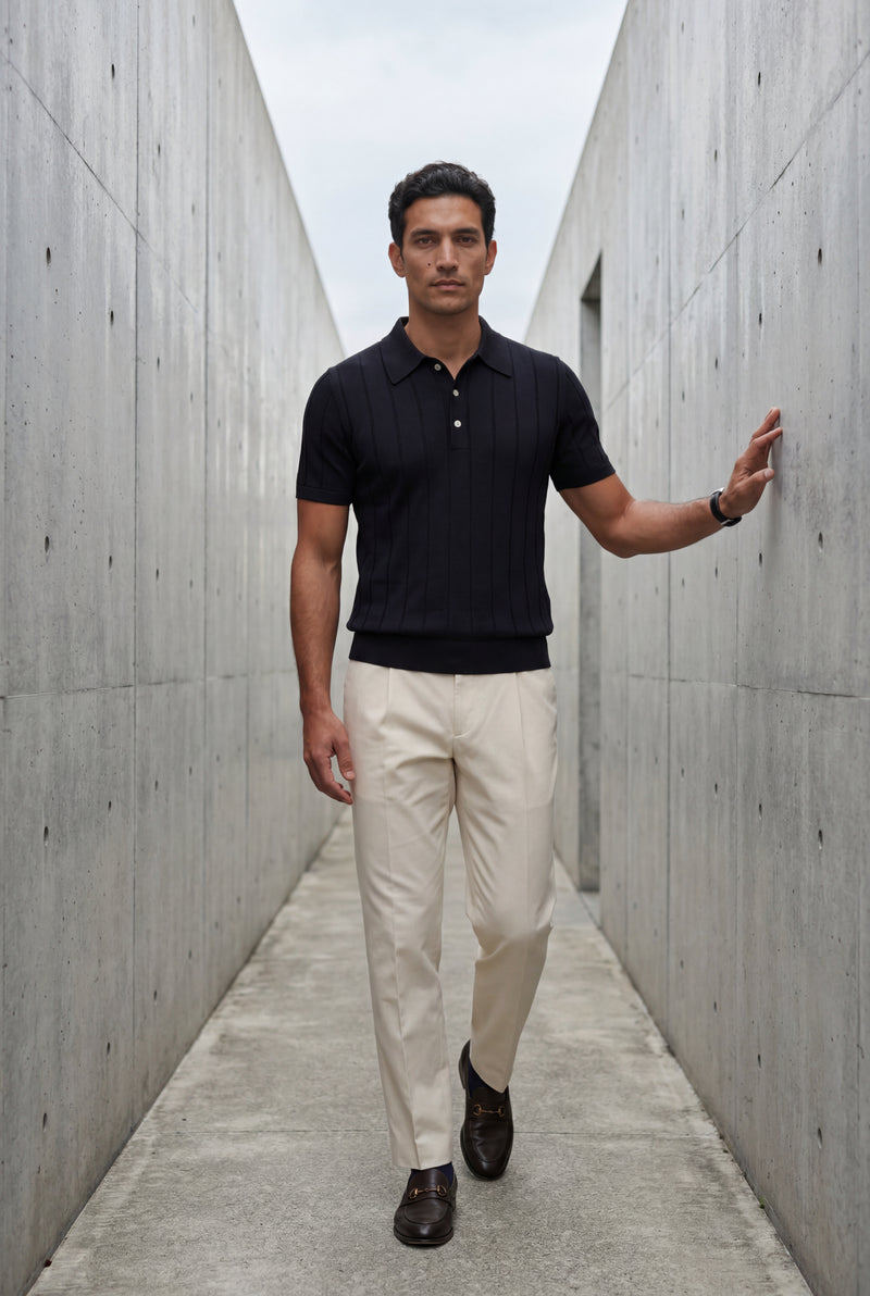Black Vertical Ribbed Tailored Short Sleeve Polo Shirt - Polo shirts - Photo 3