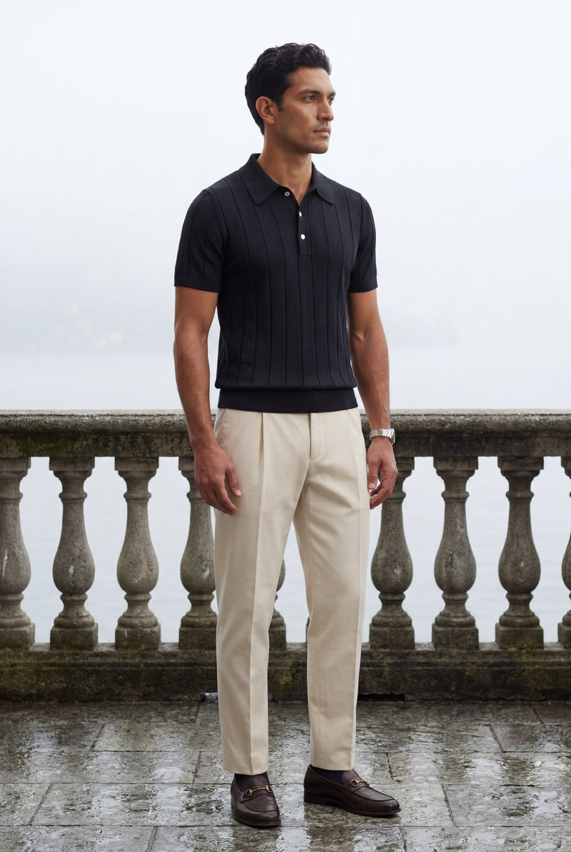 Black Vertical Ribbed Tailored Short Sleeve Polo Shirt - Polo shirts - Photo 4