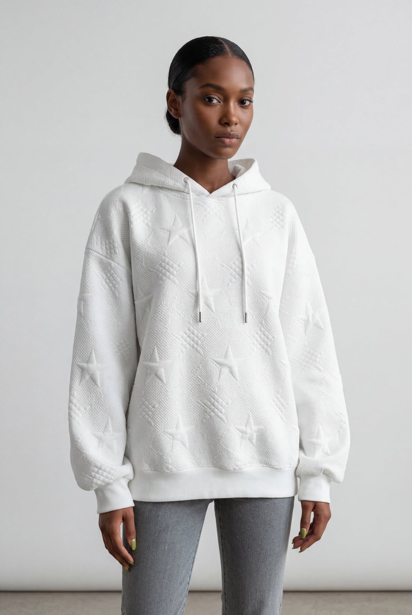 White White Embossed Star Relaxed Fit Hoodie - Photo 1