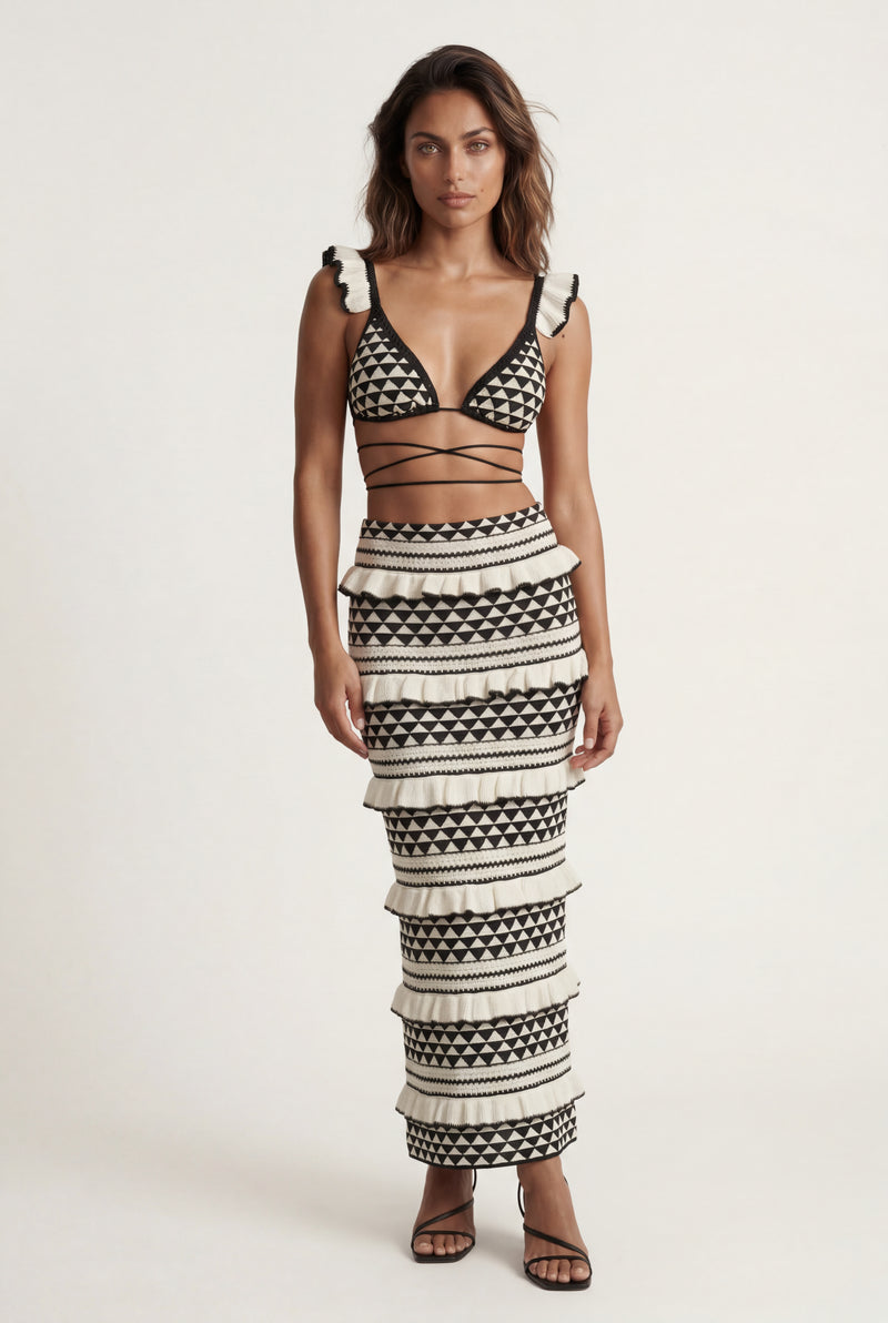White White Geometric Crop Top & Ruffle Maxi Skirt Set - Two-piece suits - Photo 1