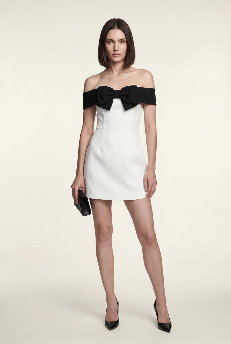 White White Off-shoulder Mini Dress with Black Bow Detail - Photo 1