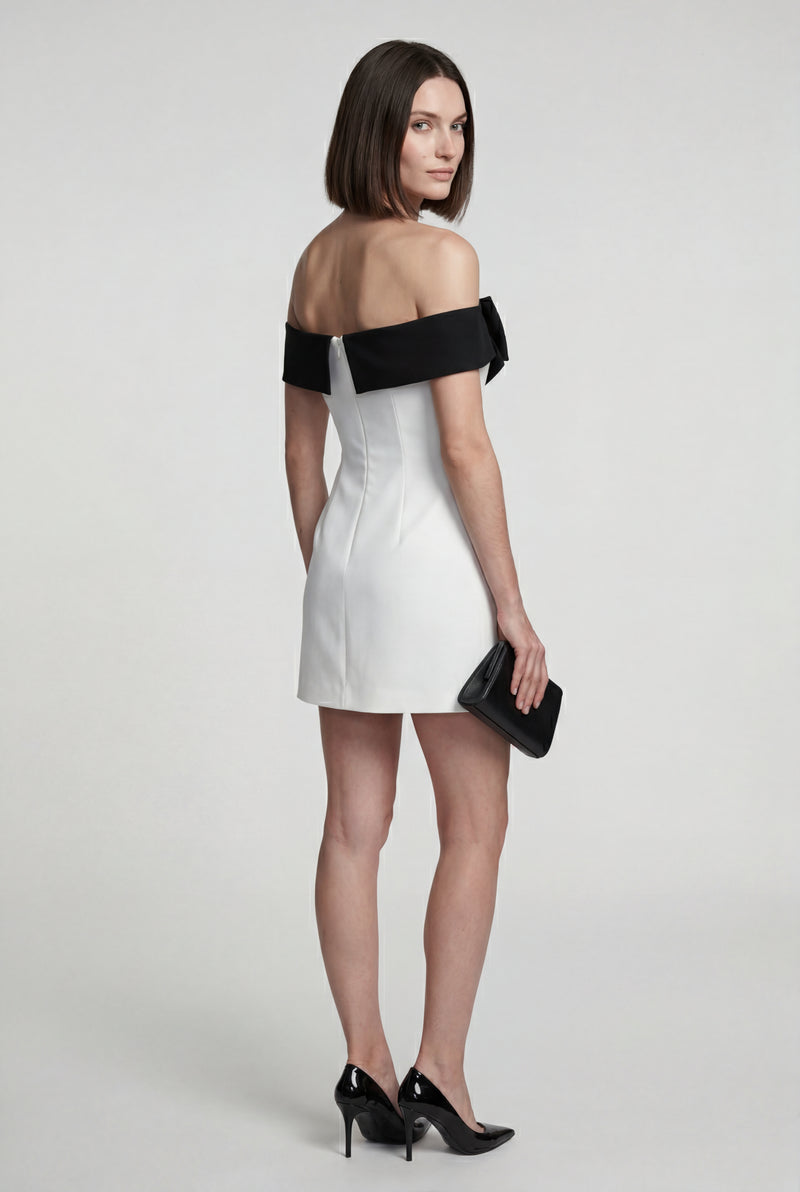 White White Off-shoulder Mini Dress with Black Bow Detail - Photo 2