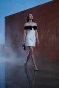 White White Off-shoulder Mini Dress with Black Bow Detail - Photo 4