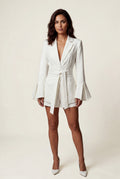 White Wide Lapel Belted Blazer with Split Sleeves - Fitted blazers - Photo 8
