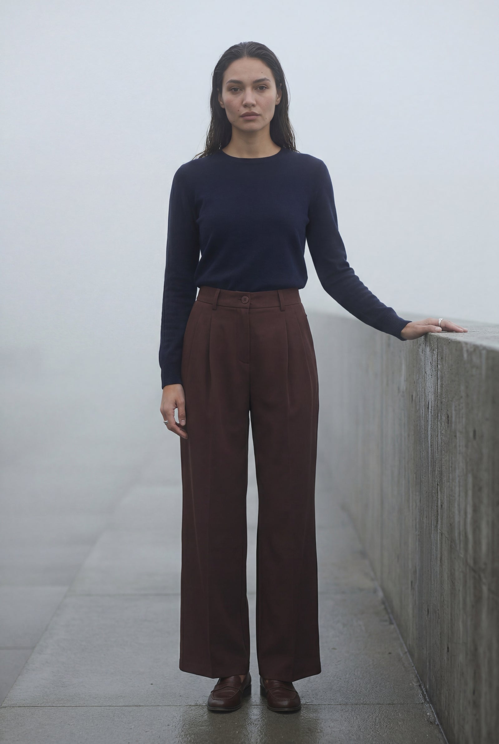 Burgundy Wide-leg High-waisted Tailored Trousers with Pleats - Wide leg pants - Photo 11