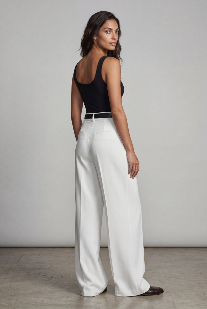White Wide-leg High-waisted Tailored Trousers with Pleats - Wide leg pants - Photo 2