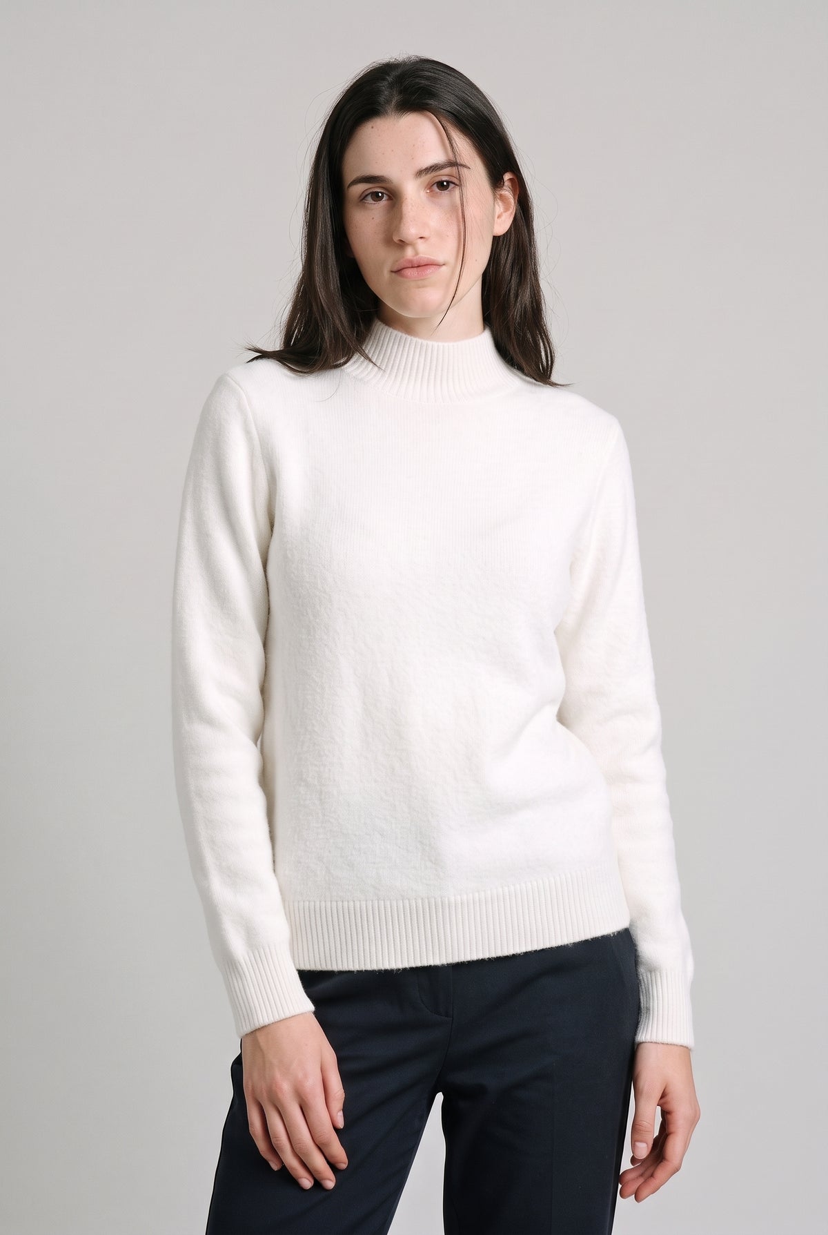 Women's Fleece-Lined Mock Neck Sweater in White — studio front