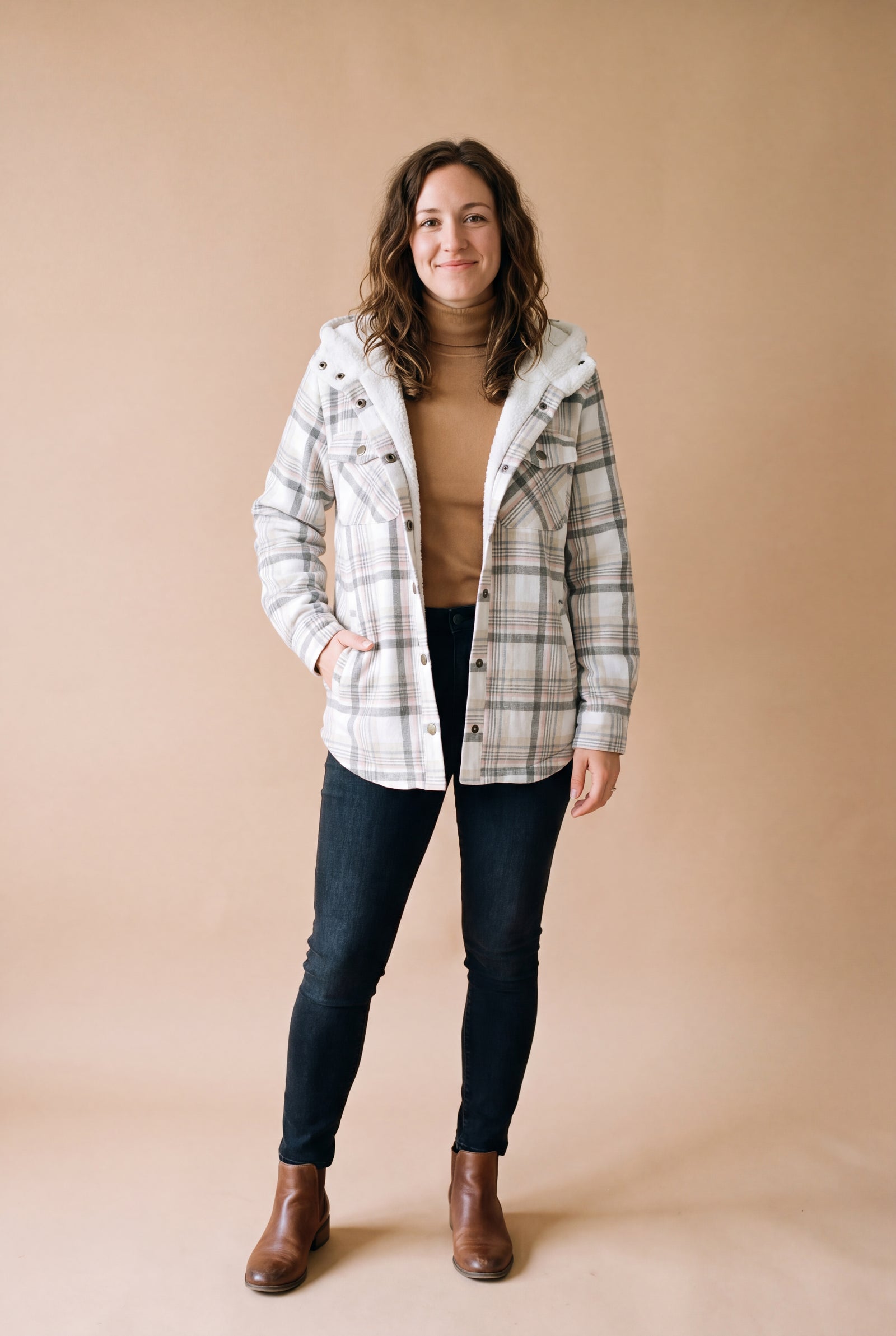 Women's Hooded Plaid Jacket in White — studio front