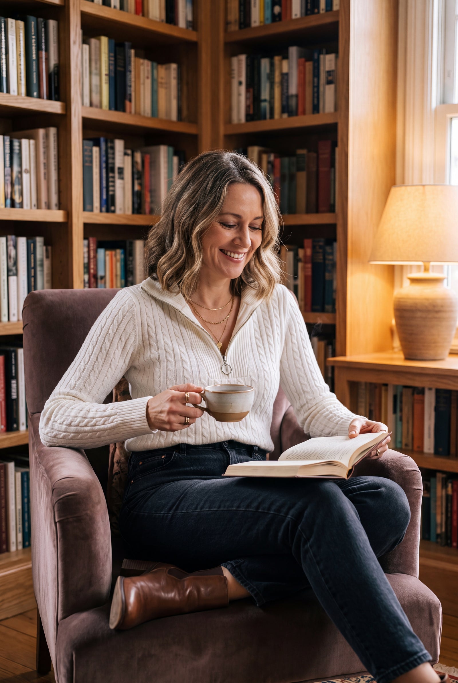 Women's Jumper Half-Zip Fitted Cable Knit in White — lifestyle cozy library