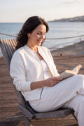 Women's Lounge Set Zip Top in White — lifestyle seaside