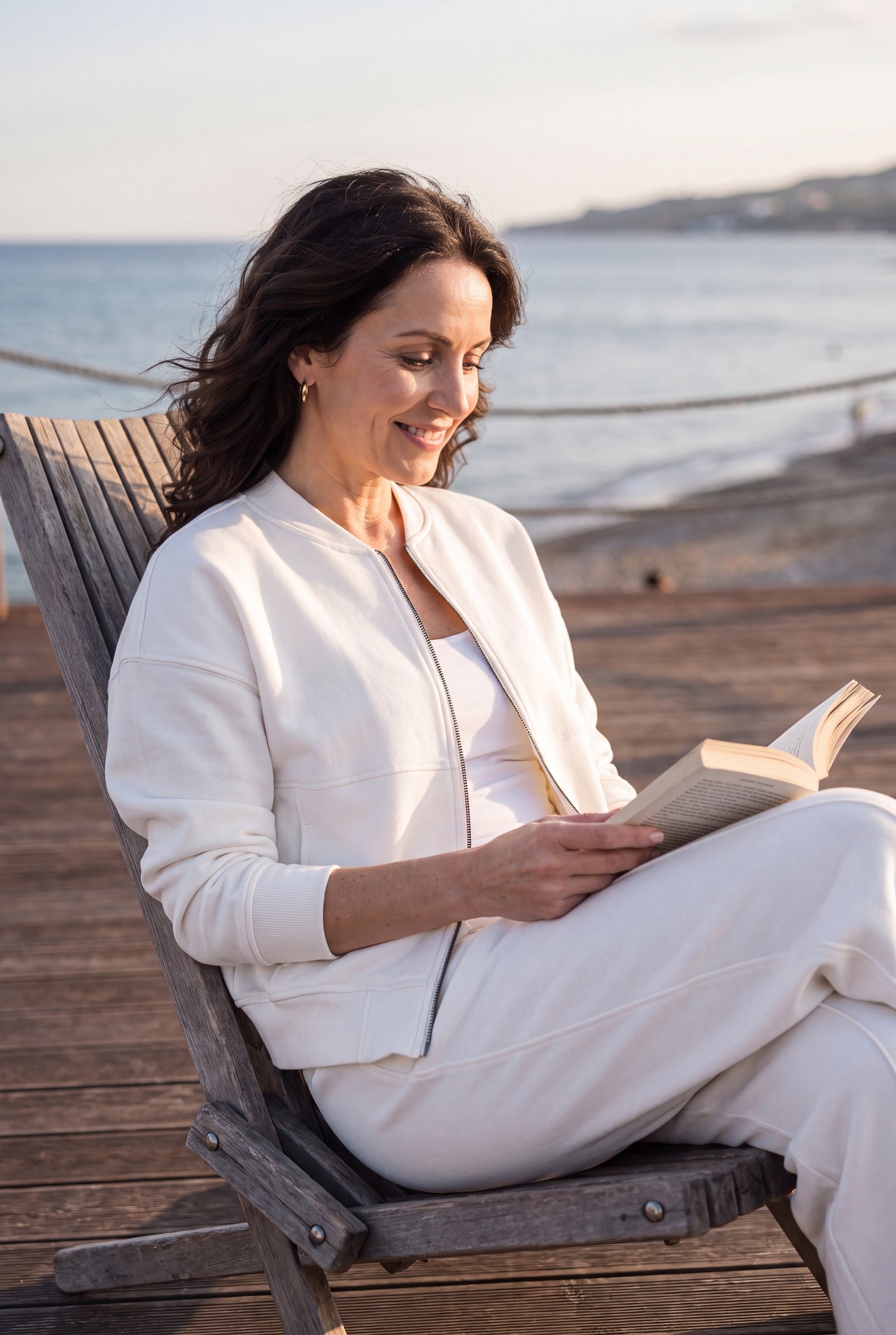 Women's Lounge Set Zip Top in White — lifestyle seaside