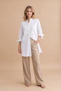 Women's Oversized Button-Up Shirt in White — studio full body