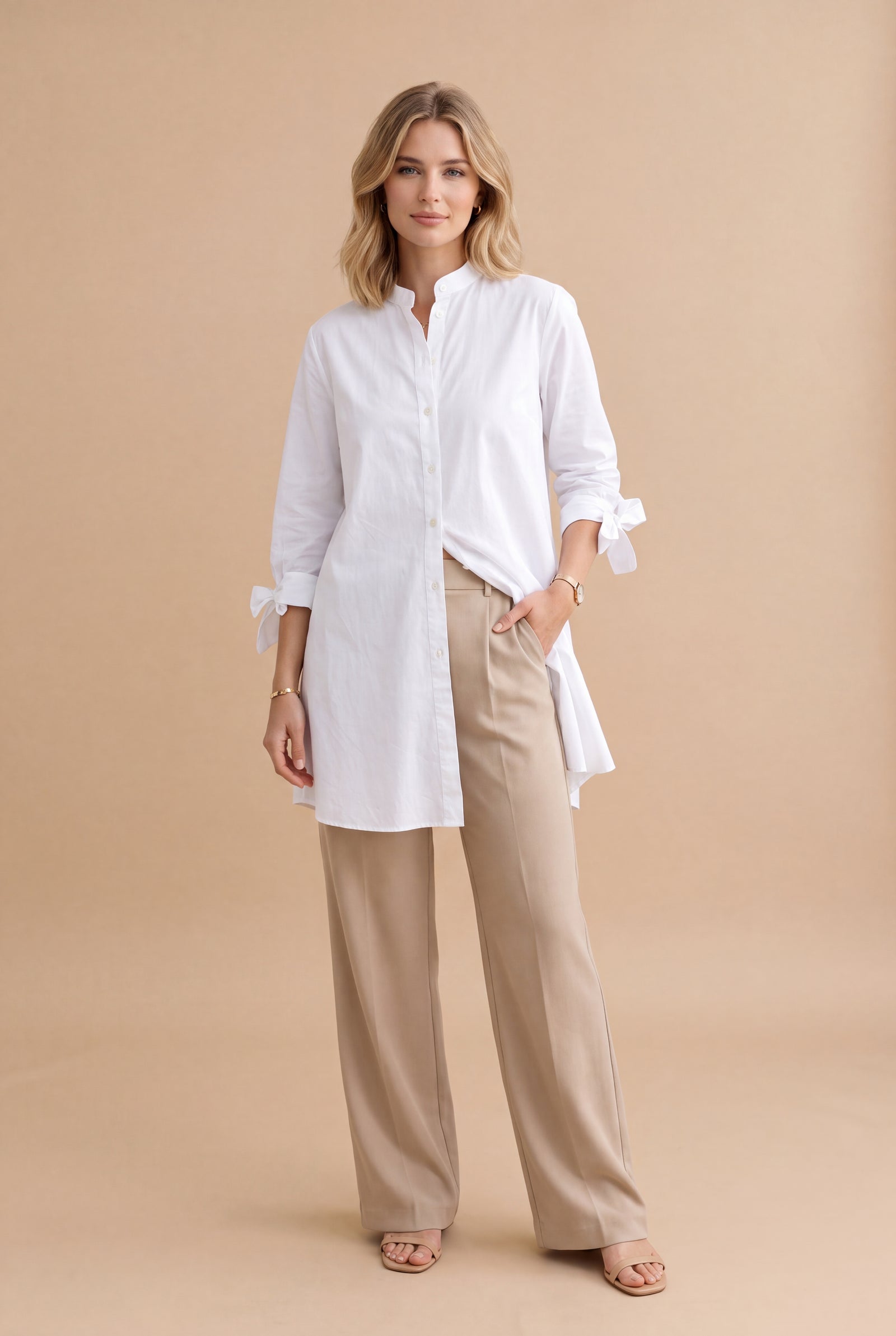 Women's Oversized Button-Up Shirt in White — studio full body