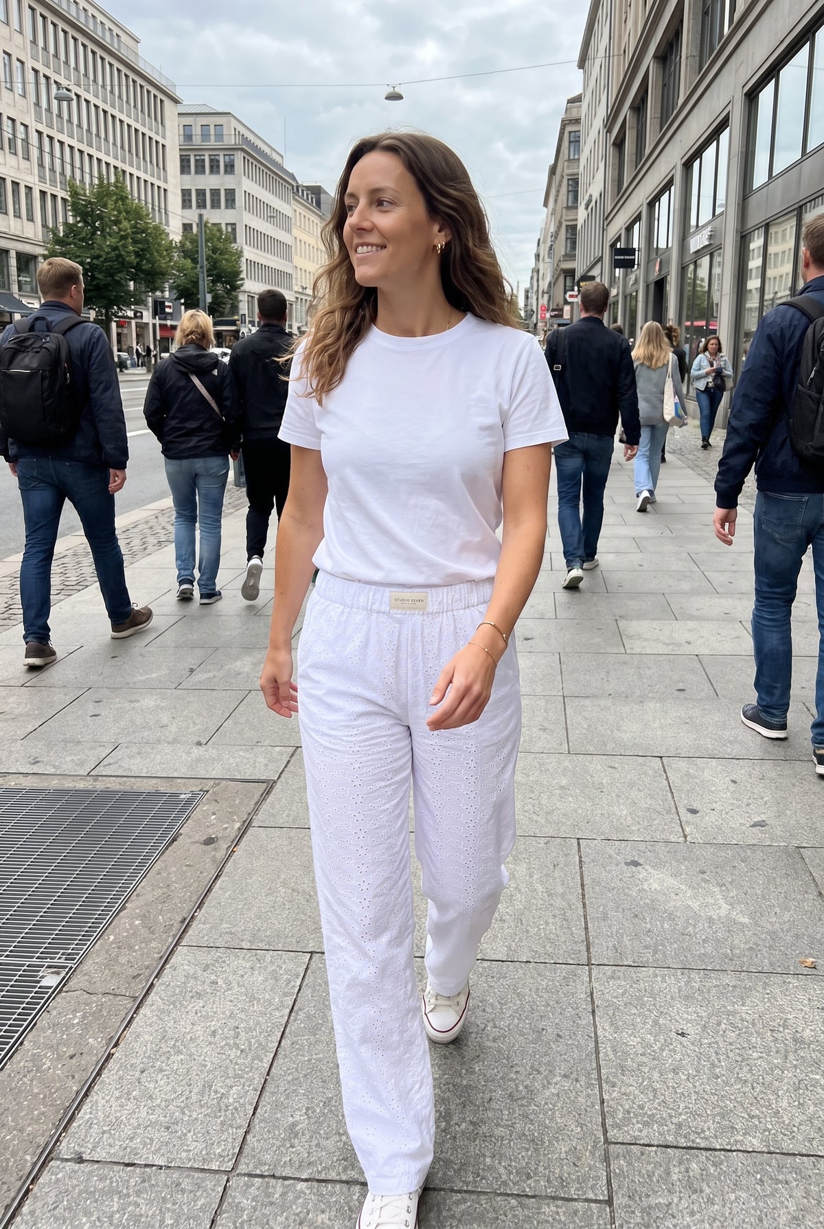 Women's Pants Relaxed Fit in White — urban sidewalk afternoon