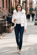 Women's Quilted Jacket Removable Hood in White — lifestyle city sidewalk