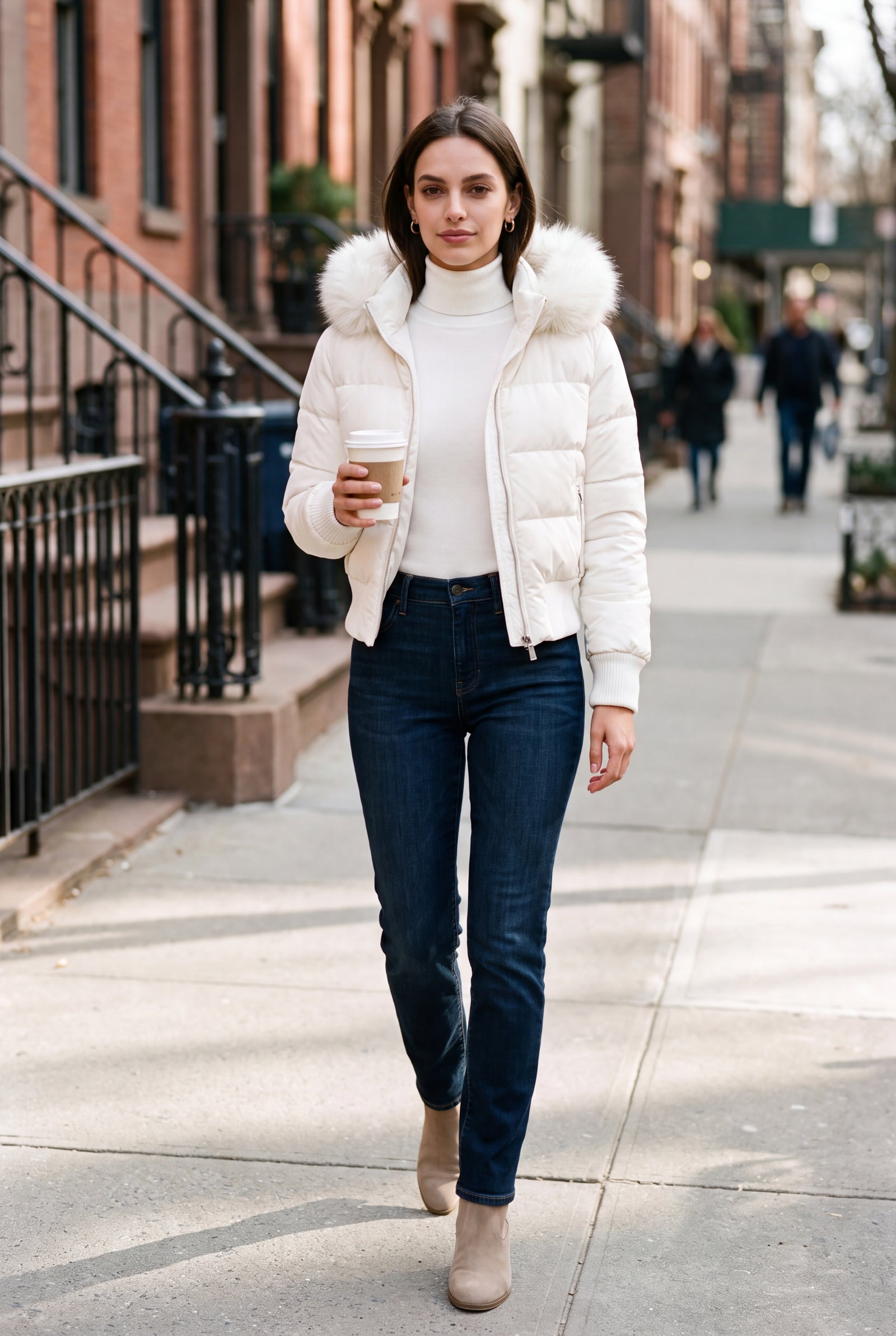 Women's Quilted Jacket Removable Hood in White — lifestyle city sidewalk