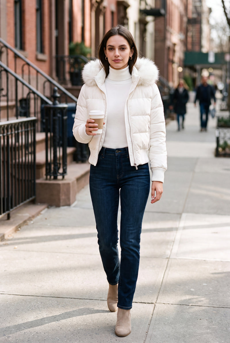 Women's Quilted Jacket Removable Hood in White — lifestyle city sidewalk