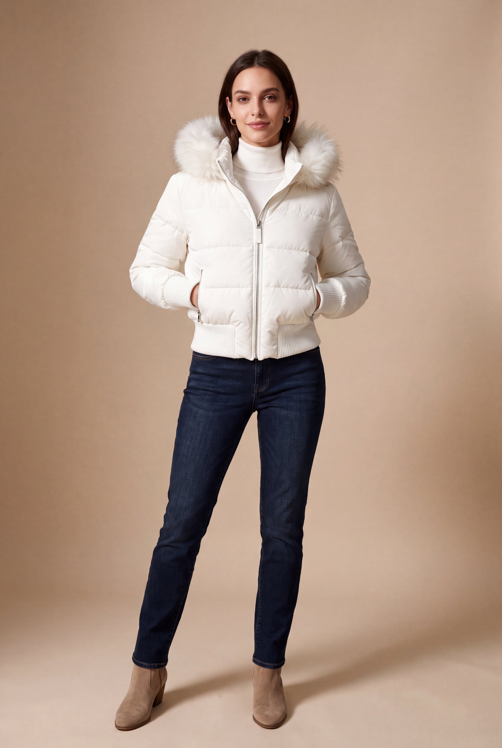 Women's Quilted Jacket Removable Hood in White — main studio