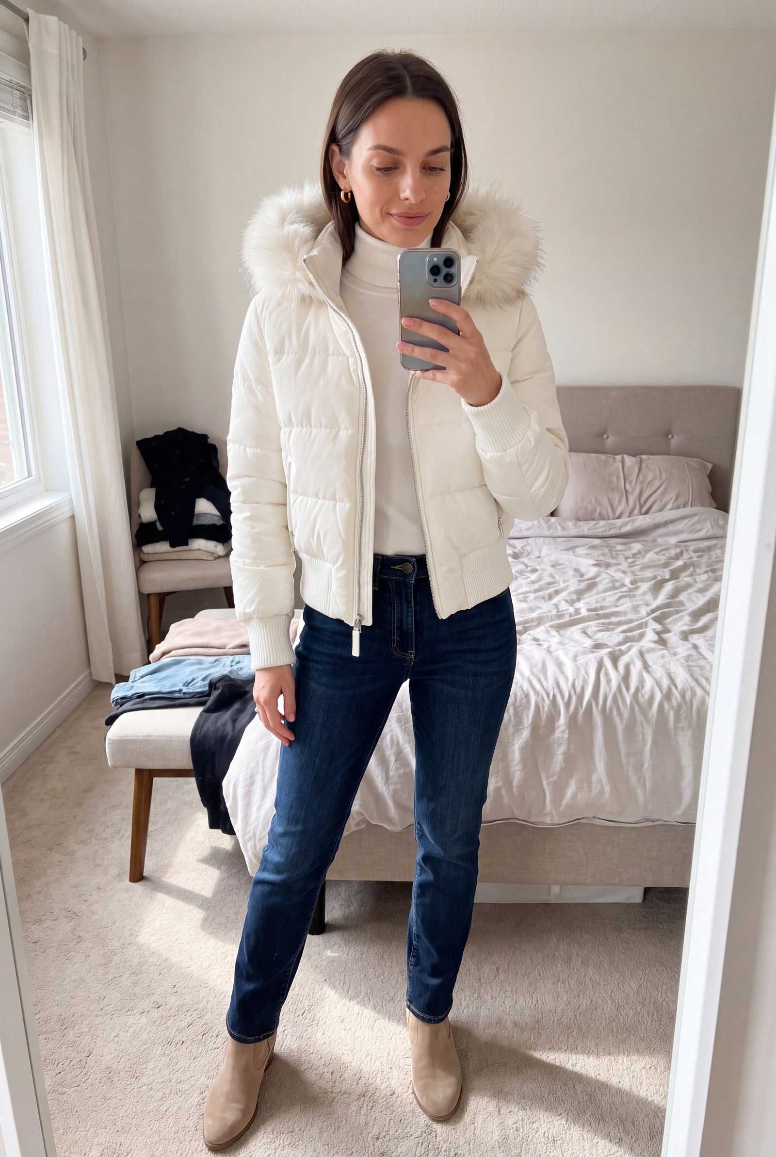 Women's Quilted Jacket Removable Hood in White — ugc home mirror