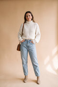 Women's Sweater High Neck Extra Long Sleeve in White — studio front