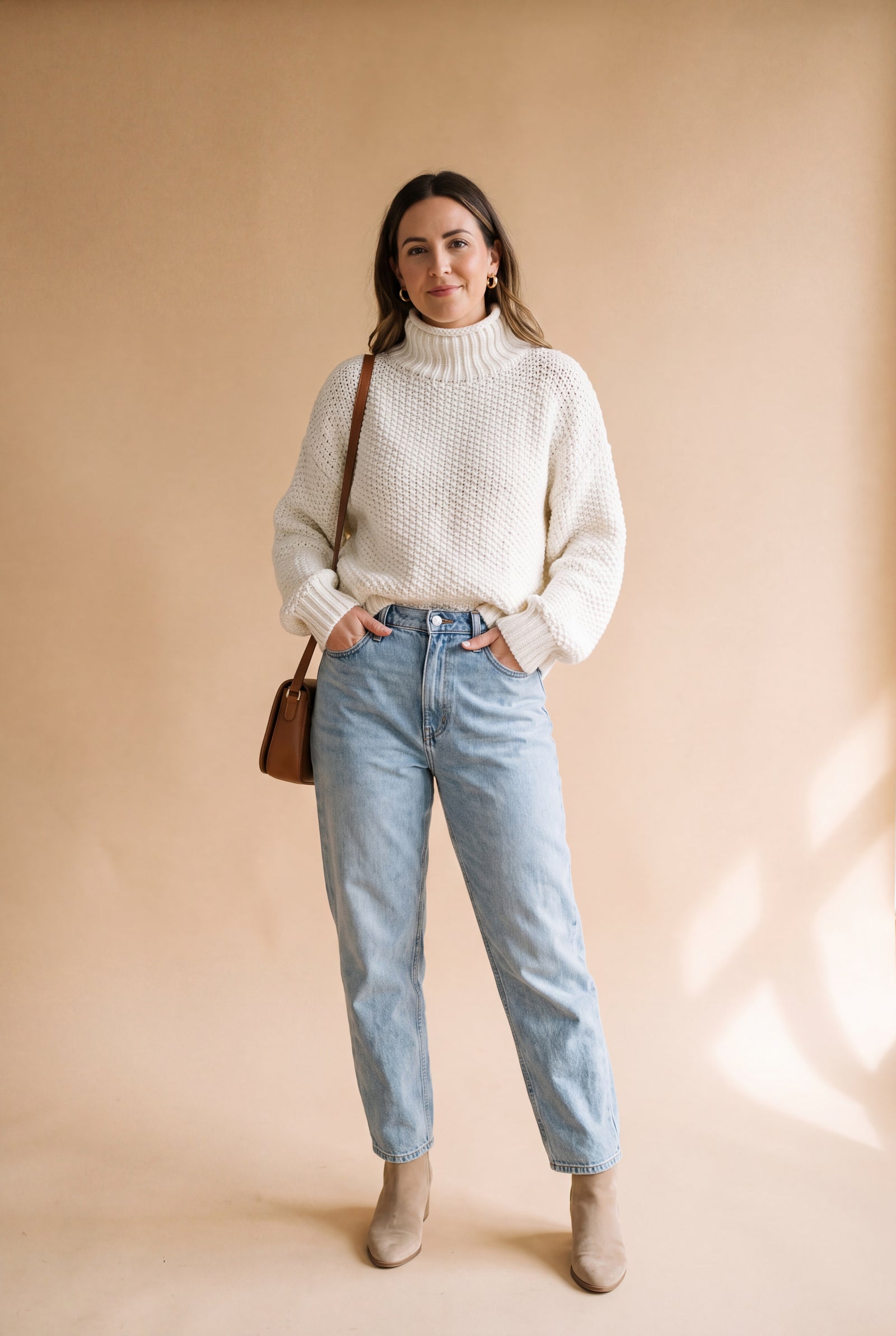 Women's Sweater High Neck Extra Long Sleeve in White — studio front