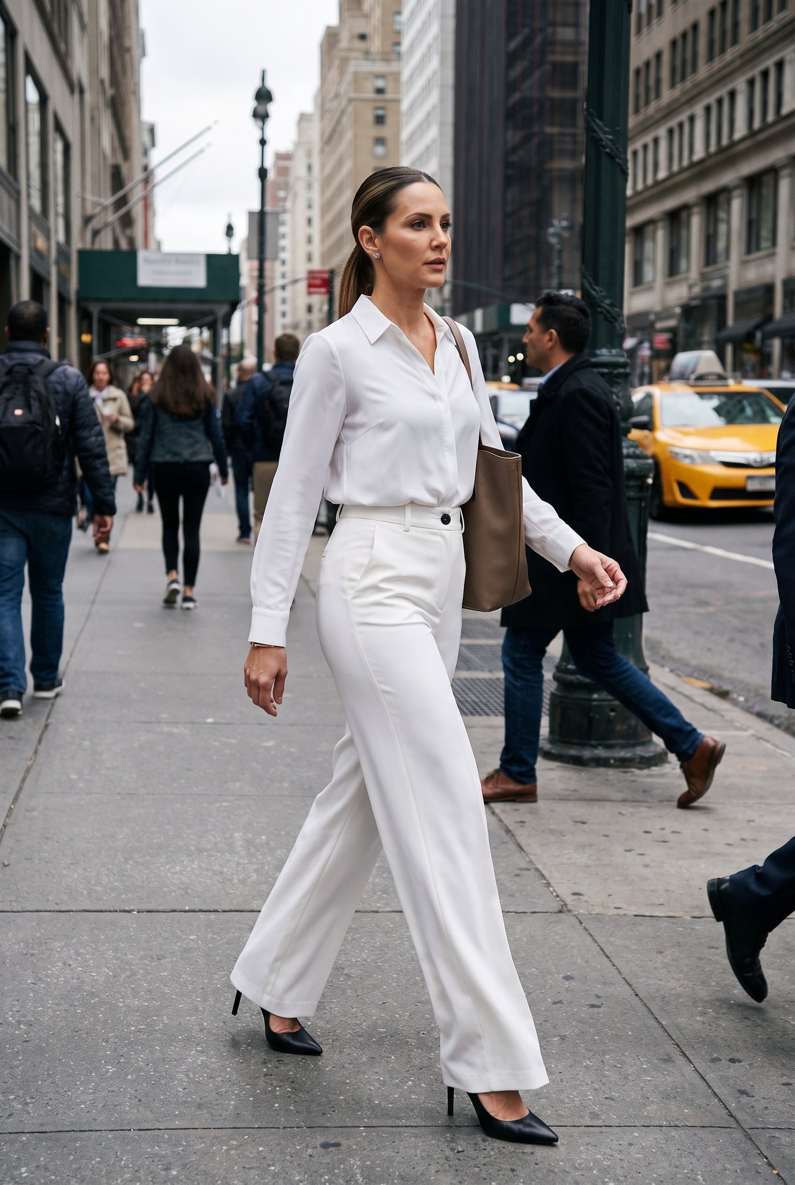 Women's Trousers High Waist in White — city walk